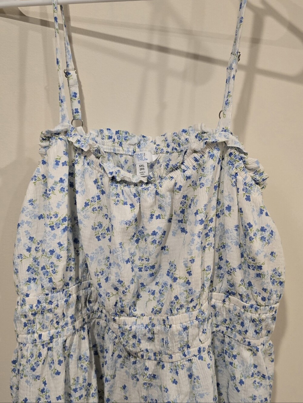 Time and Tru White Floral Ruffled Camisole with Blue Print